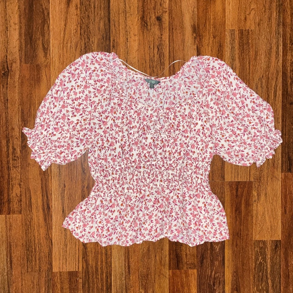 Terra & Sky Pink Floral Puff Sleeve Smocked Waist Top Plus Size 1X